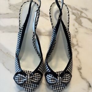 Anne Klein Black and White Gingham Slingback Peep-Toe Heels